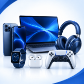 Create a professional e-commerce category image for HEALTH & FITNESS, suitable for a premium blue-themed online shopping website. Show a collection of fitness and wellness products including dumbbells, smartwatch, massage gun, resistance bands, yoga mat, and fitness accessories. Arrange the products in a clean, balanced and visually attractive composition. Visual style: Premium realistic 3D product photography. Background: Pure white with soft light blue gradient and elegant royal blue accents. Color palette: Navy blue, royal blue, white, subtle cyan. Lighting: Soft commercial studio lighting, realistic shadows and sharp details. Composition: Products centered, compact arrangement, clearly recognizable at small website category thumbnail size. Square 1:1 aspect ratio, 1024x1024. No text, no logo, no watermark, no people. Pure white to very light blue gradient background. 1. Large royal blue geometric curved corner design at the top-left. 2. Matching royal blue geometric curved corner design at the bottom-right. 3. Same deep blue and royal blue color tones. 4. Same background brightness, gradient direction, and atmosphere. 5. Same clean white glossy floor. 6. Same subtle natural product shadows and reflections. 7. Same premium 3D commercial product photography style. 8. Same studio lighting direction and intensity. 9. Same overall composition, camera angle, perspective, and visual balance. ONLY CHANGE THE PRODUCTS according to the specific category. IMPORTANT:\ The background must look like the exact same studio environment in the reference image, as if all six category images were photographed in the same professional studio. Do not introduce new background patterns, additional geometric shapes, different gradients, colored walls, or alternative environments. Maintain consistent visual branding across all six category images. Square 1:1 aspect ratio, 1024x1024 pixels. Gadget & Electronics